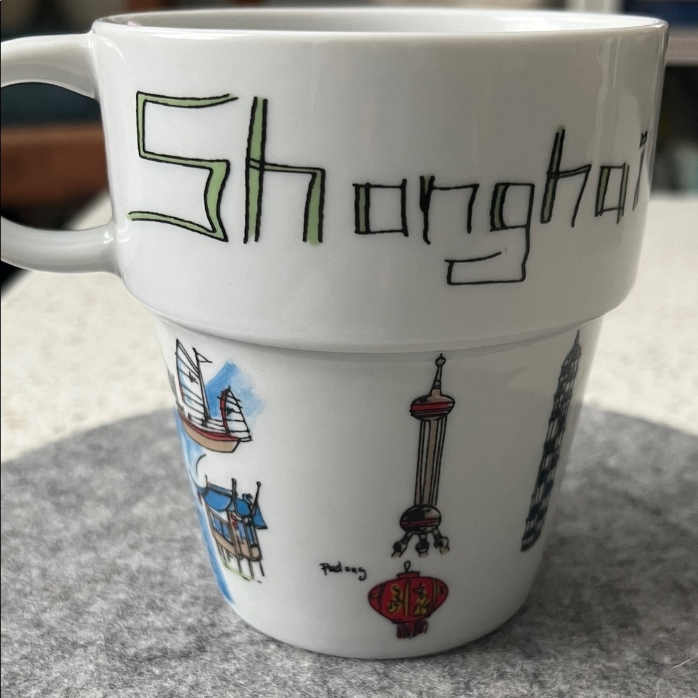 Shanghai Ceramic Mug - White with Multicolor City Illustrations